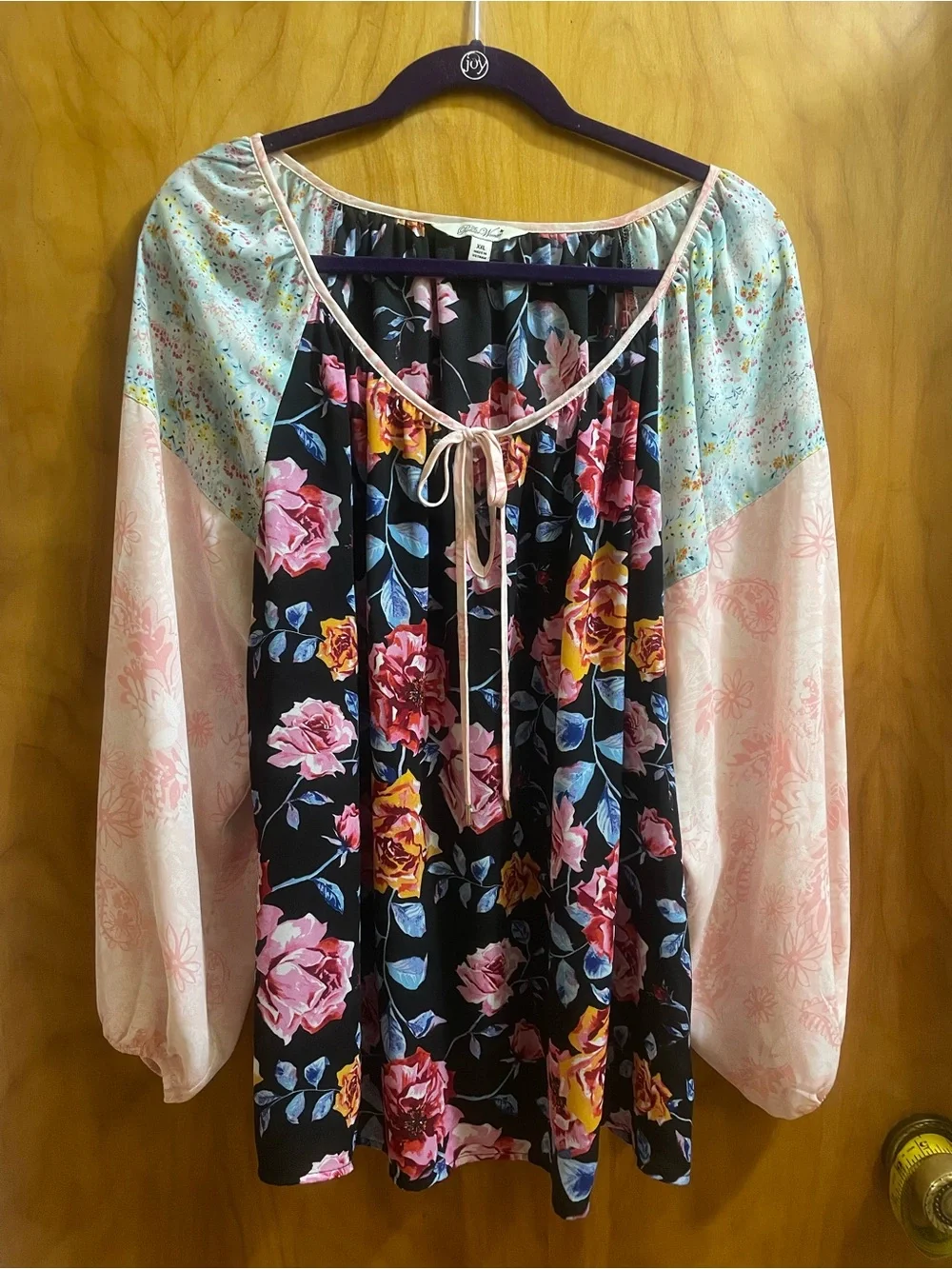 The Pioneer Woman Black Floral Peasant Blouse with Pink and Mint Accents - Picture 1 of 8